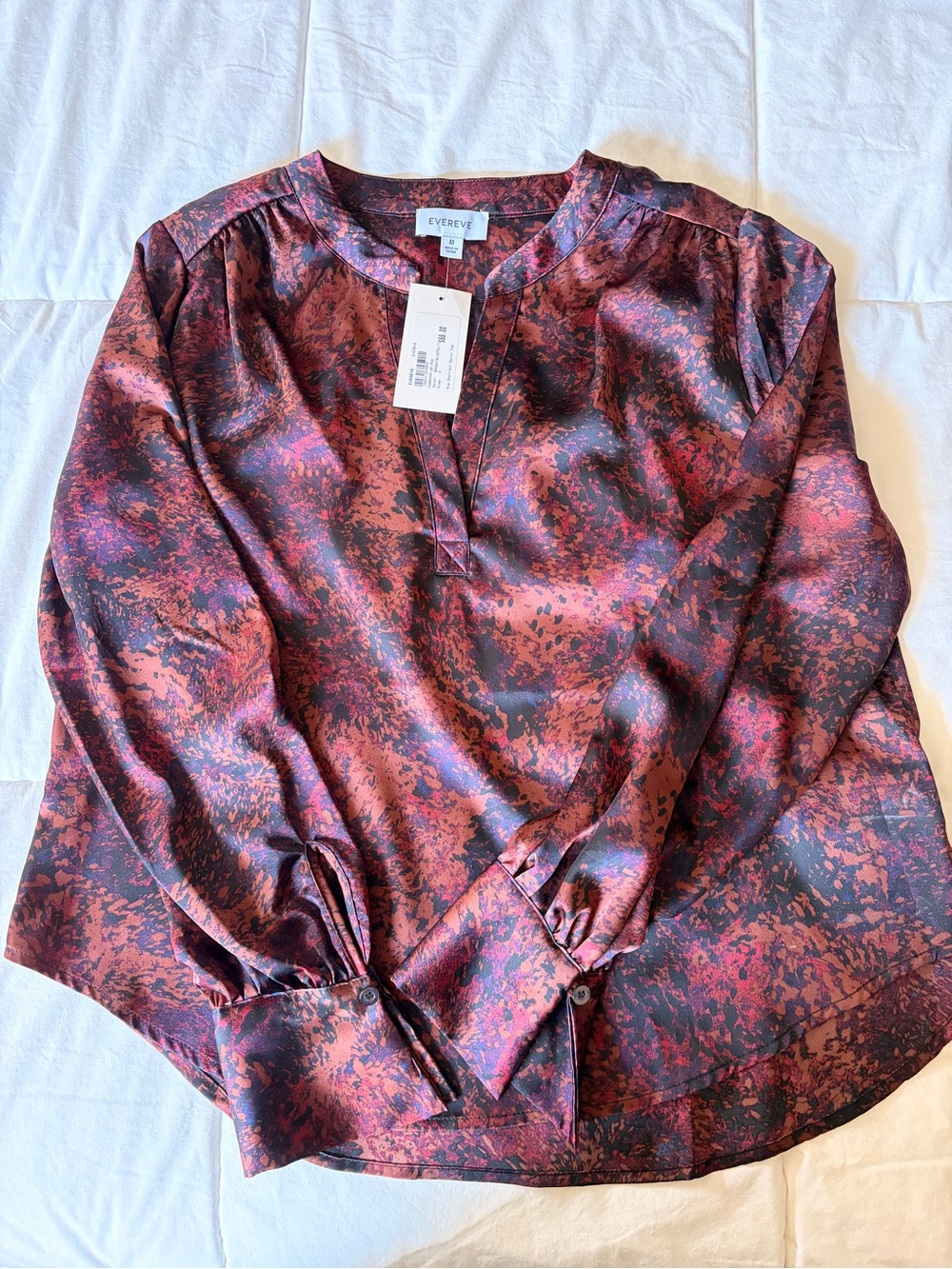 Evereve Satin Blouse in Burgundy, Dark Navy, Black Abstract Print